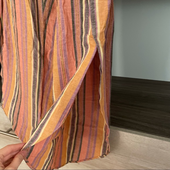 DREW (Anthropologie) Whitney Coral Striped Wide Leg Side Slit Linen Blend Pants - Picture 8 of 15